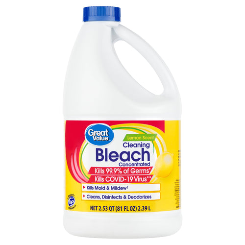 Single Great Value lemon-scent concentrated bleach jug with blue cap and yellow product label on white background