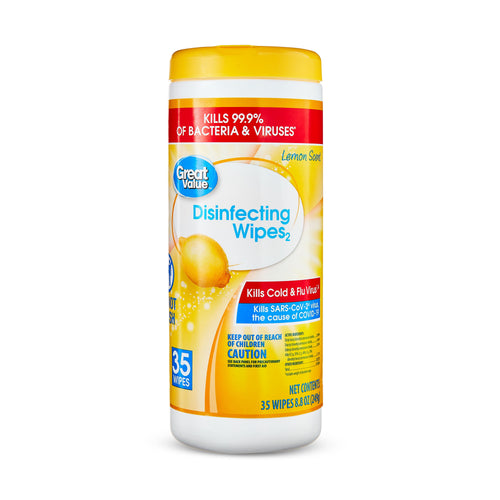 Tall cylindrical Great Value lemon-scent disinfecting wipes canister with yellow lid and front product label.