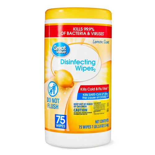 Tall yellow-lidded Great Value lemon-scent disinfecting wipes canister on white background, front label visible