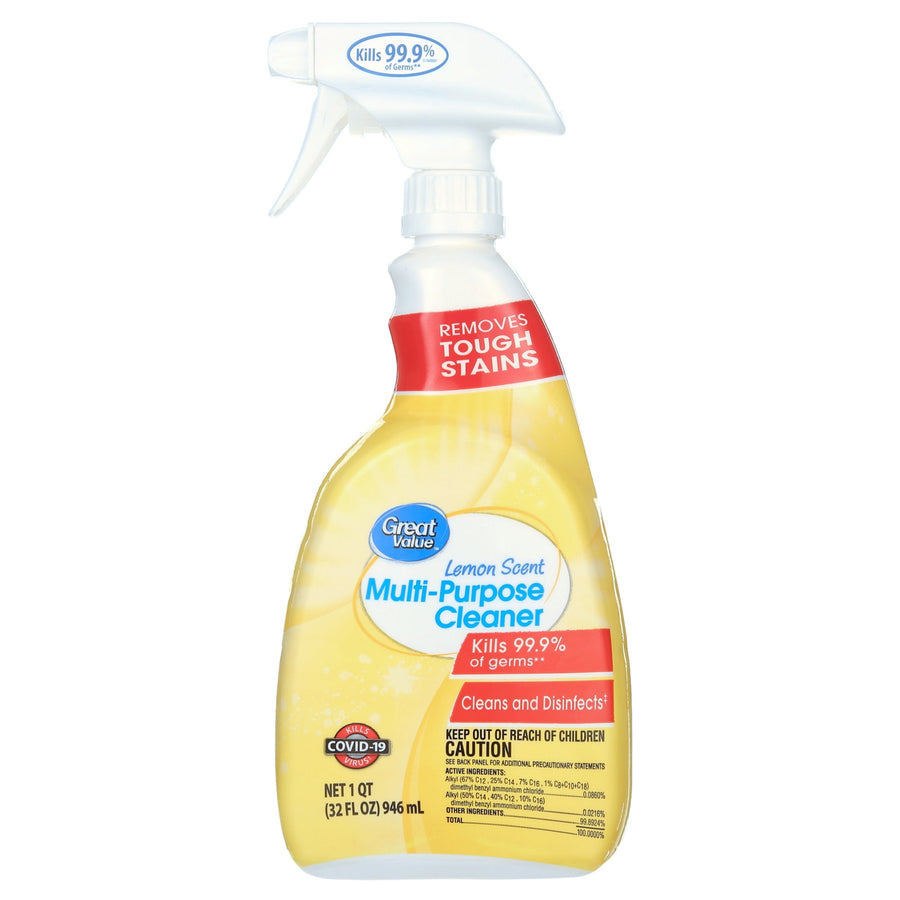 Great Value lemon-scent multi-purpose cleaner spray bottle with trigger, yellow label and red claim banner.