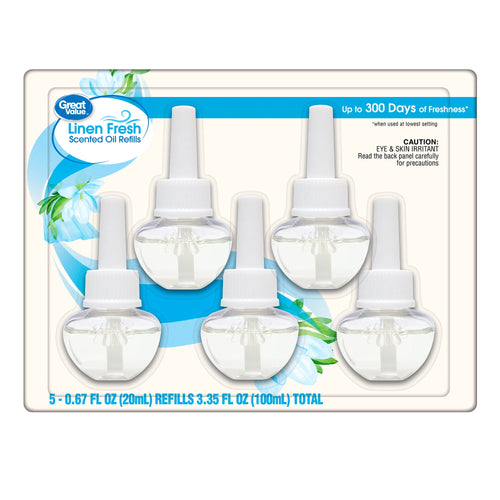 Great Value linen fresh plug-in scented oil refill five-pack shown in blister-style packaging