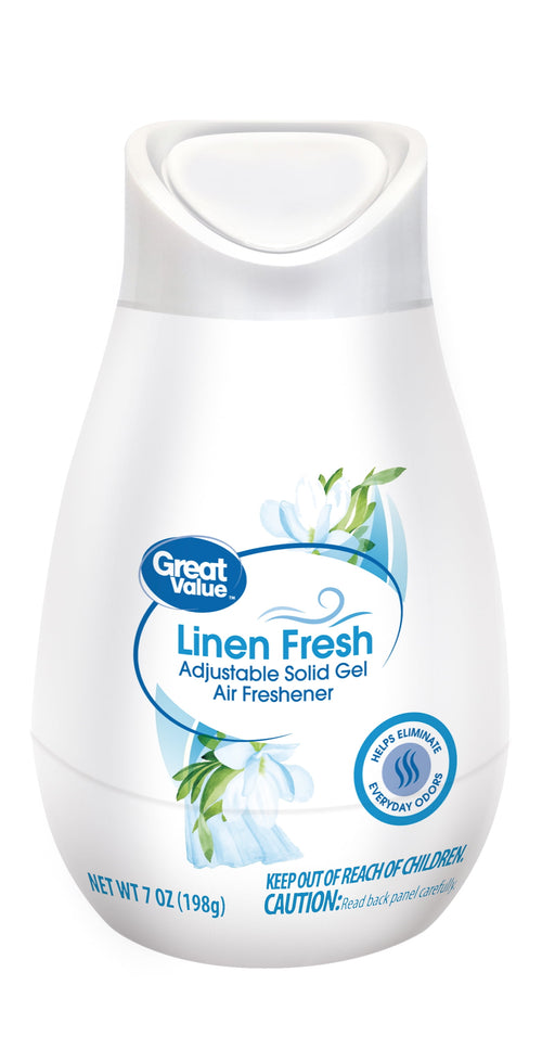 White Great Value Linen Fresh adjustable solid gel cone air freshener front view with floral graphics