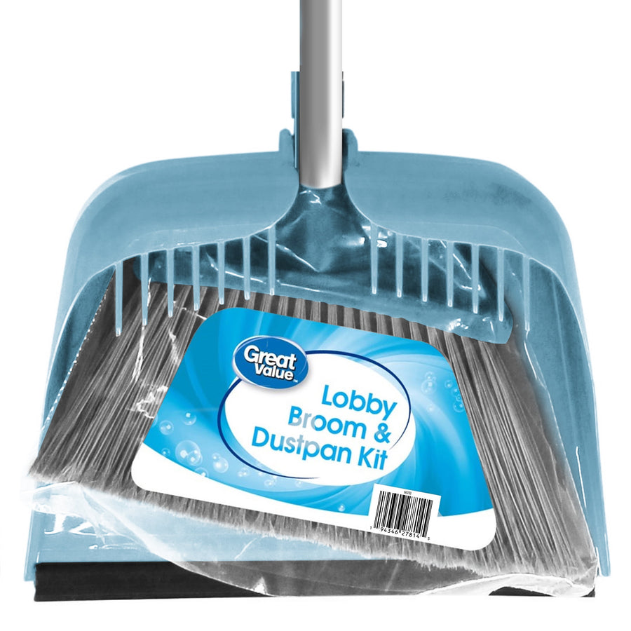 Close-up of a blue Great Value lobby broom head packed inside a matching dustpan with label visible