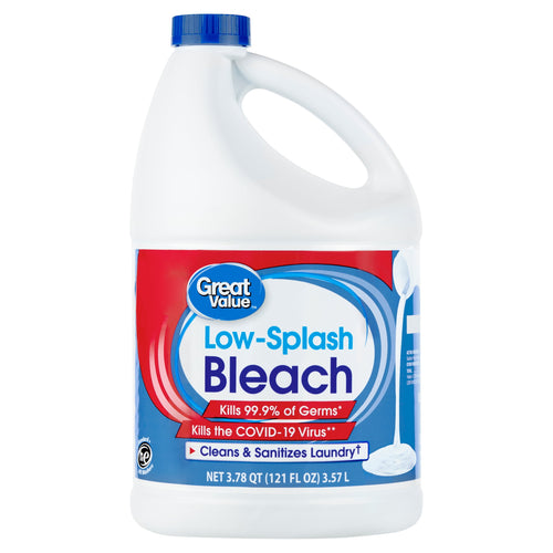 White gallon jug of Great Value Low-Splash Bleach with blue cap and front label