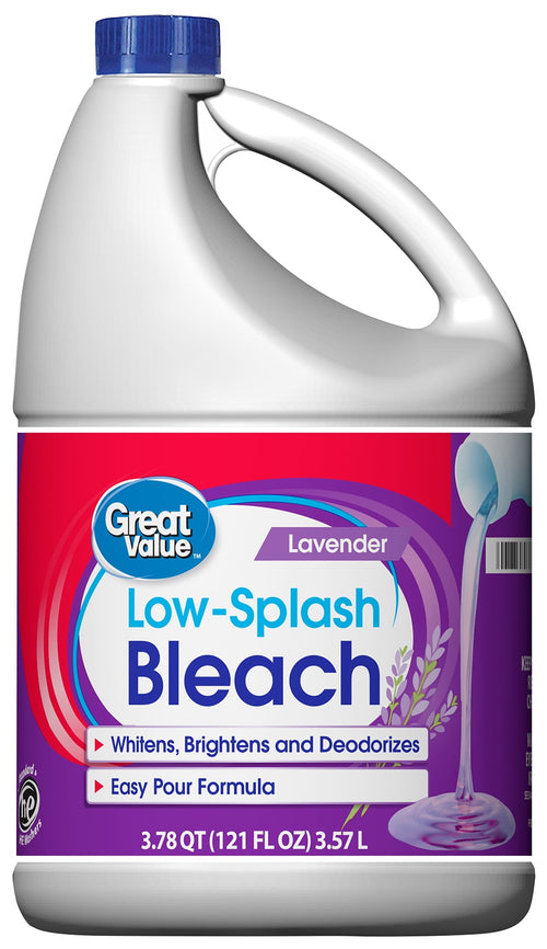 Close-up product shot of a Great Value Low-Splash Lavender Bleach jug showing front label and blue cap