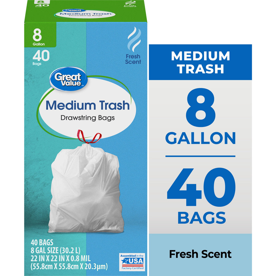 Front-facing box of Great Value Medium Trash drawstring bags showing a tied white trash bag and text for 8 gallon, 40 bags, fresh scent.