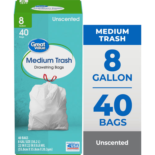 Great Value teal box of medium drawstring trash bags with a tied white garbage bag illustration on front