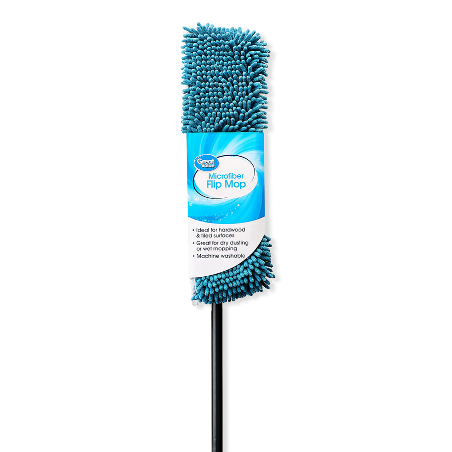 Straight-on product photo of a Great Value teal microfiber flip mop head and black handle on white background with packaging label