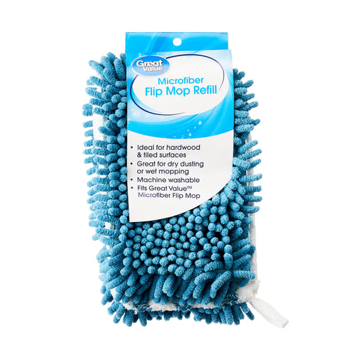 Blue chenille microfiber mop refill with Great Value header card labeled "Microfiber Flip Mop Refill" on white background.