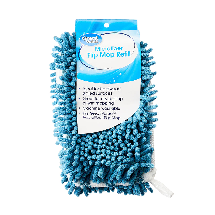 Blue chenille microfiber mop refill with Great Value header card labeled "Microfiber Flip Mop Refill" on white background.