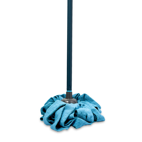 Close-up of a blue microfiber mop head attached to a dark handle on a white background.