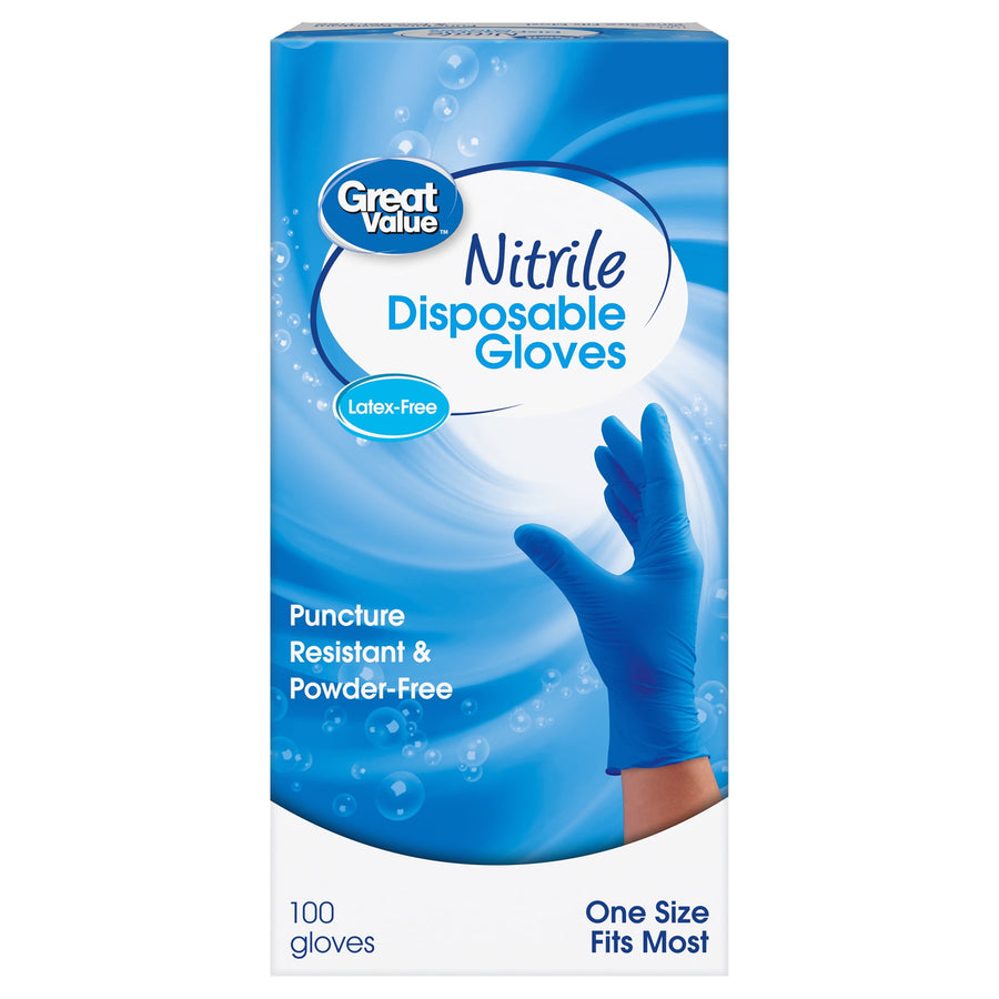 Tall Great Value nitrile disposable gloves package in blue with a gloved hand and product claims