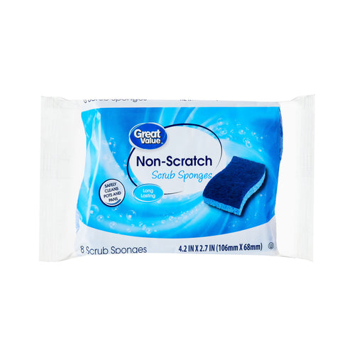 Packaged Great Value Non-Scratch Scrub Sponges with blue graphic and single sponge image on white background.