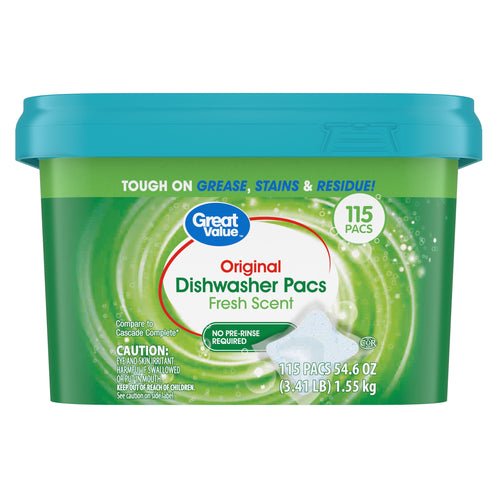 Great Value green rectangular tub of Original Dishwasher Pacs with teal lid and product label