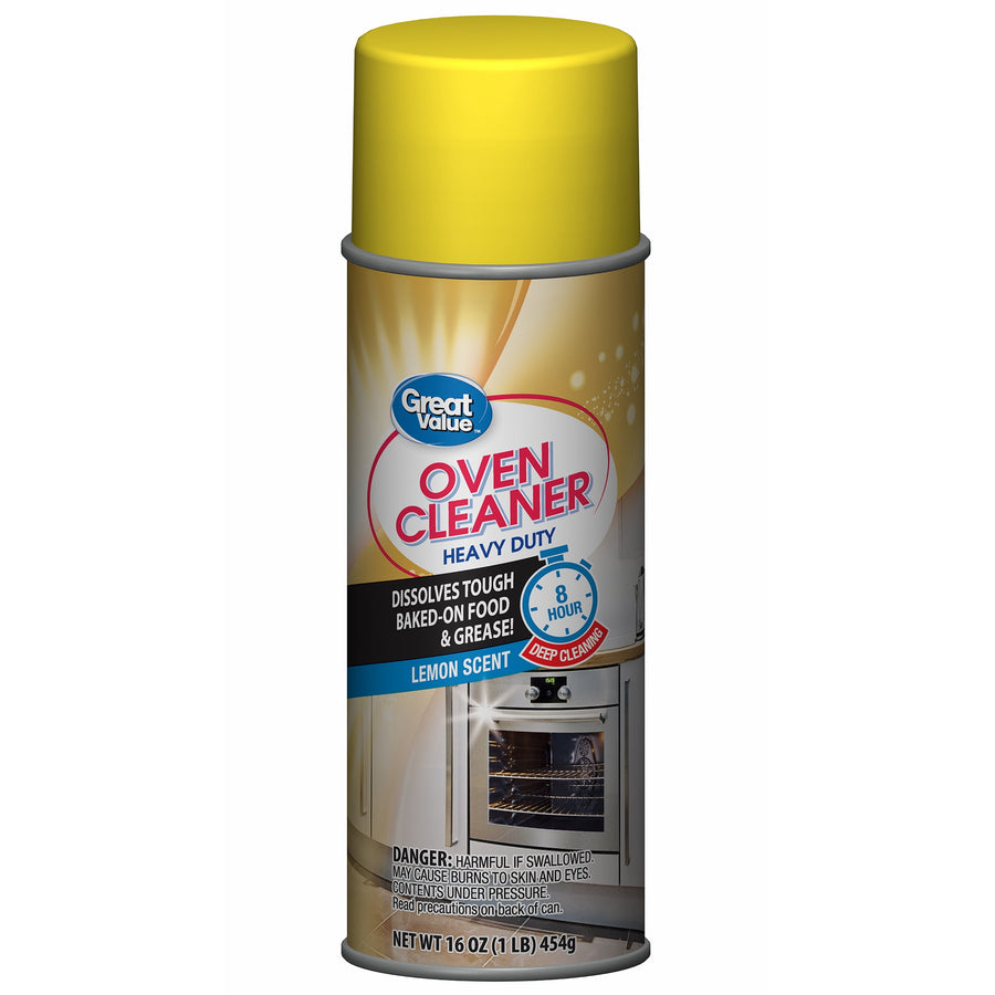 Isolated Great Value Oven Cleaner aerosol can with yellow cap and product label visible on white background