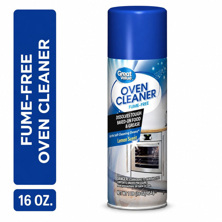 Tall aerosol can of Great Value fume-free oven cleaner with blue cap and lemon-scent label showing an oven image.