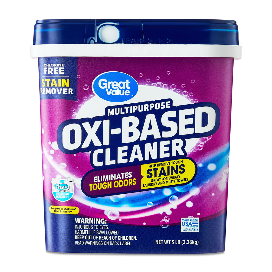 Front-facing Great Value multipurpose oxi-based cleaner tub with bold product name and colorful label