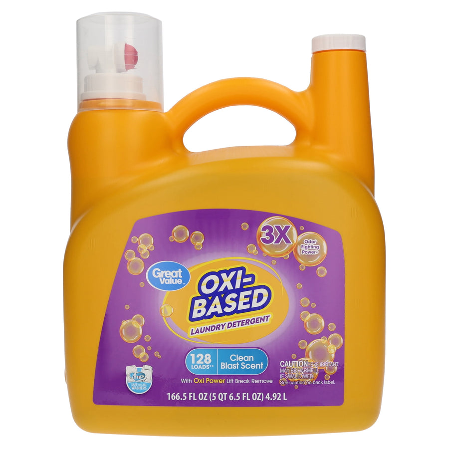 Yellow Great Value Oxi-Based laundry detergent jug with purple label showing 128 loads and bubbles