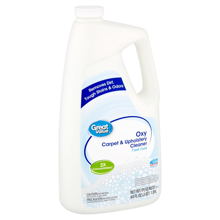 White jug of Great Value Oxy Carpet & Upholstery Cleaner with blue label and 2X concentrated badge