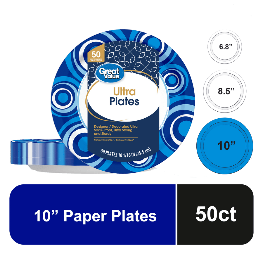 Packaged Great Value Ultra paper plates with blue swirl border and label showing product name and size