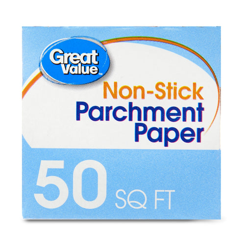 Close-up front panel of Great Value Non-Stick Parchment Paper box showing brand logo and large "50 SQ FT" text