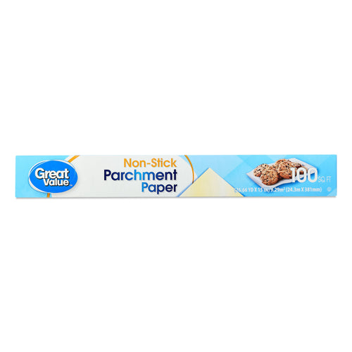 Great Value non-stick parchment paper roll box showing brand logo and '100 SQ FT' label on light blue packaging.