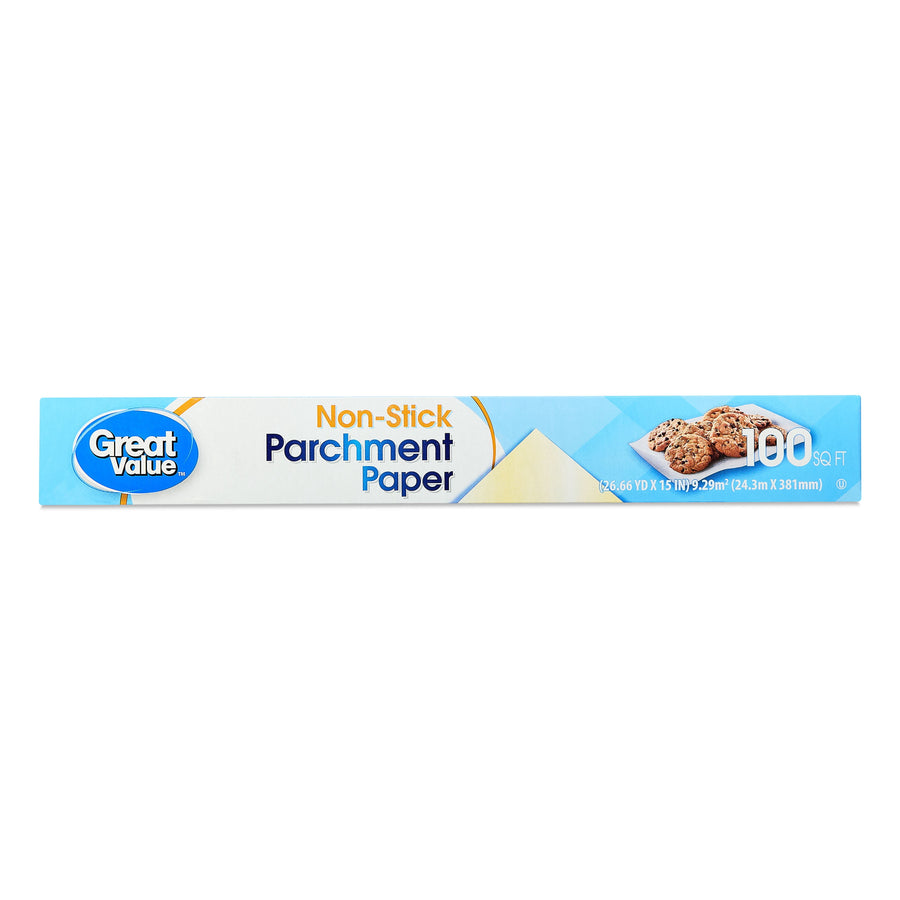 Great Value non-stick parchment paper roll box showing brand logo and '100 SQ FT' label on light blue packaging.