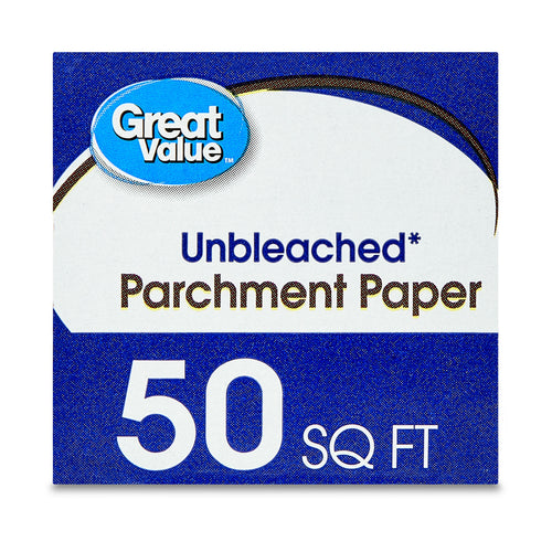 Close-up square crop of Great Value packaging showing 'Unbleached Parchment Paper' and '50 SQ FT' text