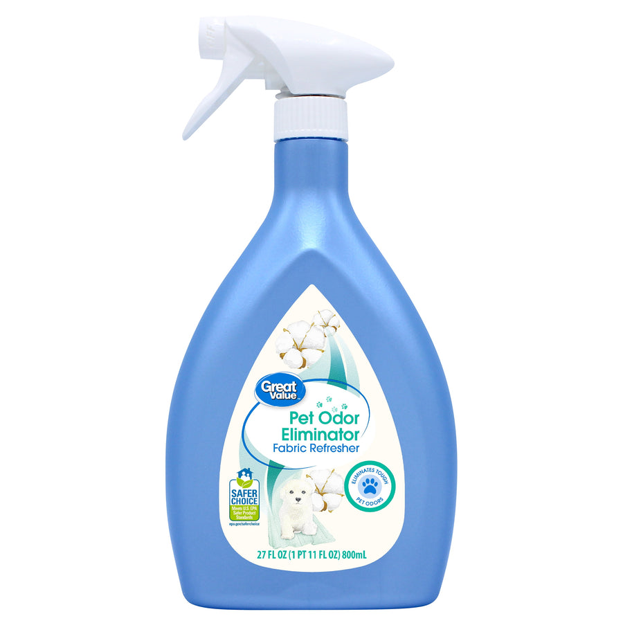 Blue spray bottle of Great Value Pet Odor Eliminator fabric refresher with white trigger and product label