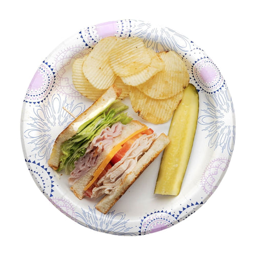 Decorative Great Value paper plate with sandwich, potato chips and a pickle wedge on a white background