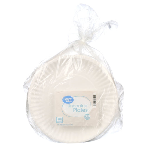 Clear plastic-wrapped stack of Great Value uncoated paper plates with visible front label inside the bag