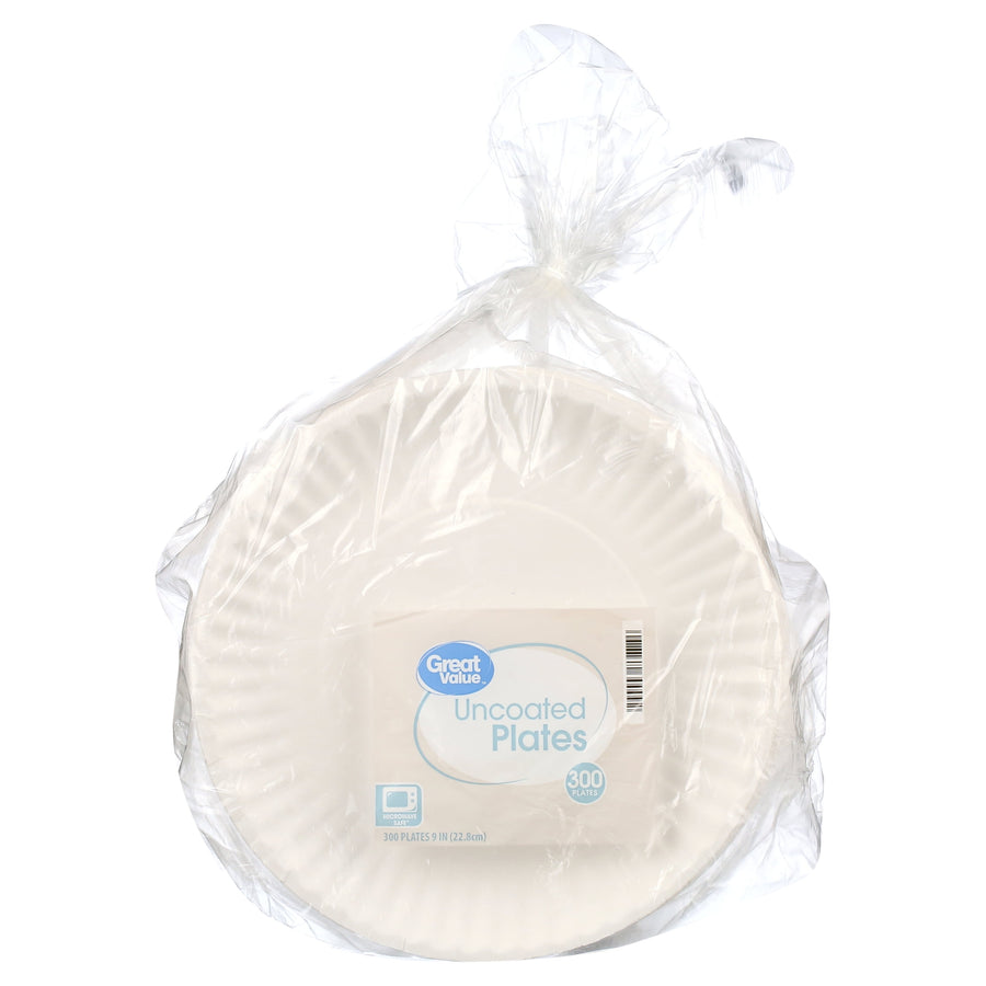 Clear plastic-wrapped stack of Great Value uncoated paper plates with visible front label inside the bag