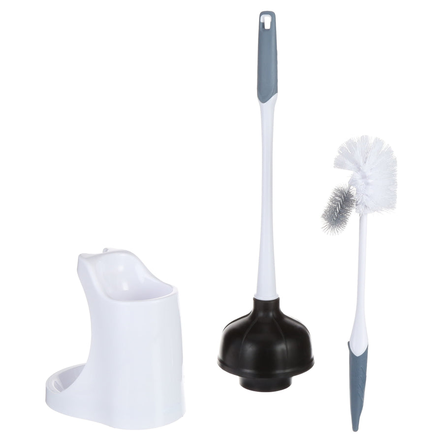 Toilet plunger and toilet brush set with white caddy; black rubber plunger and white brush with gray handle accents