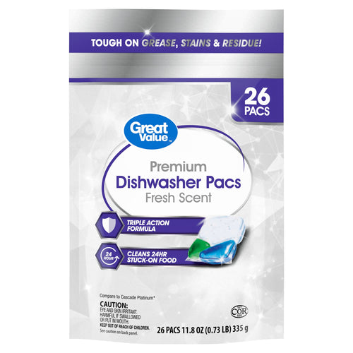 Front-facing pouch of Great Value Premium Dishwasher Pacs Fresh Scent with 26 pacs callout and product image