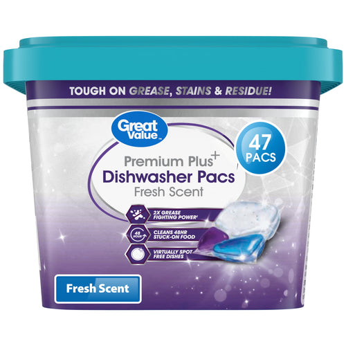 Great Value Premium Plus Dishwasher Pacs tub with turquoise lid and purple label showing 47 pacs