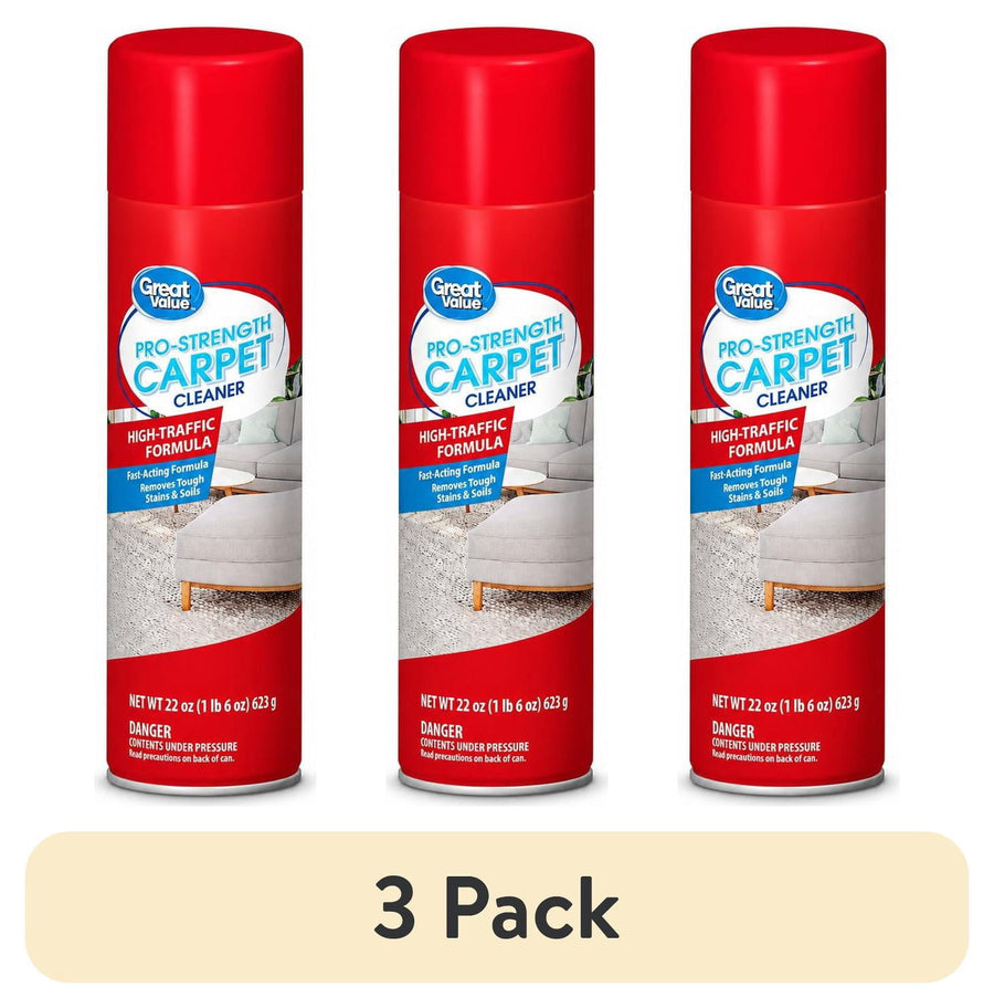 Three red aerosol cans of Great Value Pro-Strength Carpet Cleaner shown upright with a 3 pack label below
