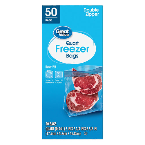 Tall product box showing Great Value Quart Freezer Bags packaging with two raw steaks pictured inside a clear freezer bag.