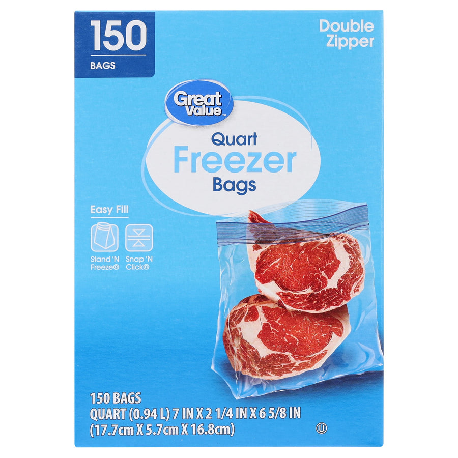 Front-facing Great Value quart freezer bag box with image of sealed bagged meat