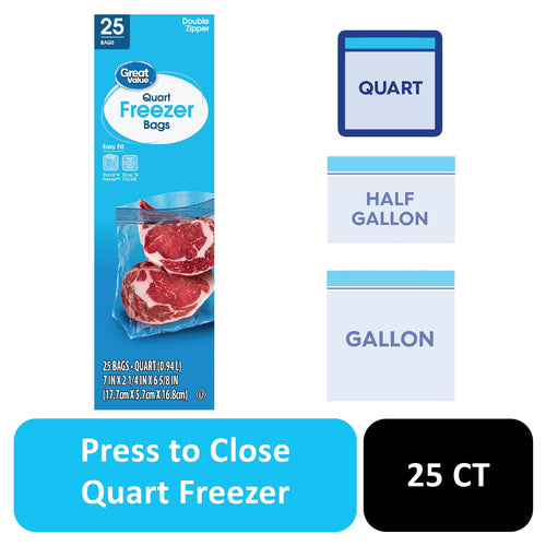 Blue Great Value quart freezer bag package graphic showing two steaks inside a clear resealable bag and size icons.