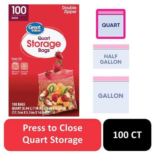 Red Great Value box front for quart storage bags showing a sealed bag of fruit and double-zipper label