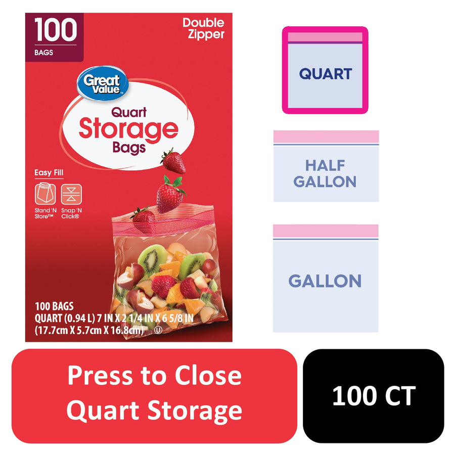 Red Great Value box front for quart storage bags showing a sealed bag of fruit and double-zipper label