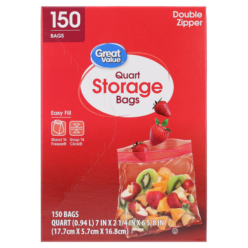 Red Great Value quart storage bags box showing '150' count, branding, and a filled resealable bag with fruit