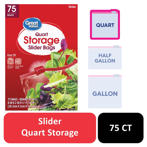 Great Value red carton front for quart storage slider bags showing zipper bag and salad imagery