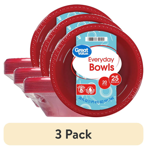 Stacked red Great Value Everyday disposable plastic bowls with packaging label and '3 Pack' badge graphic