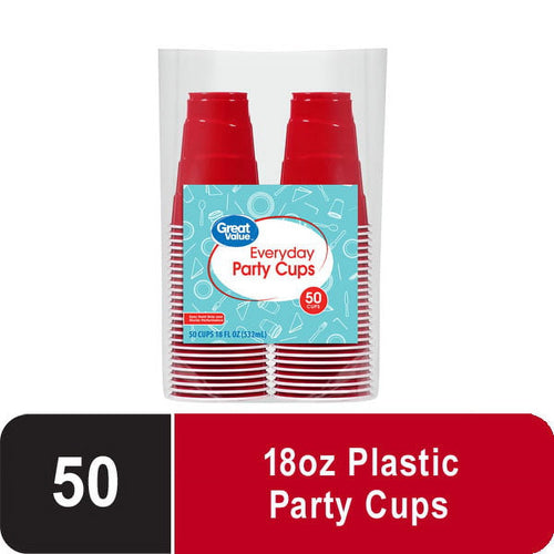 Clear pack of stacked Great Value red disposable party cups with a blue product label showing 'Everyday Party Cups' and '50'