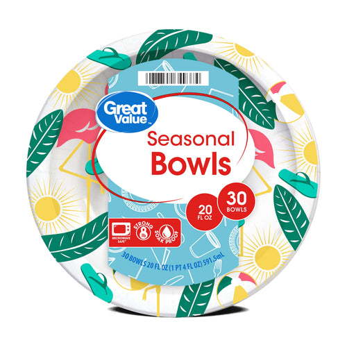 Close-up front view of Great Value Seasonal Bowls packaging showing colorful sun and leaf print and product label