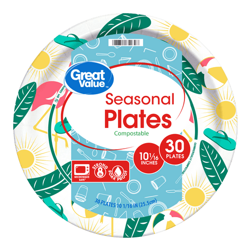 Close-up of a Great Value Seasonal Plates package showing colorful sun and leaf print, compostable label and 30 plates badge