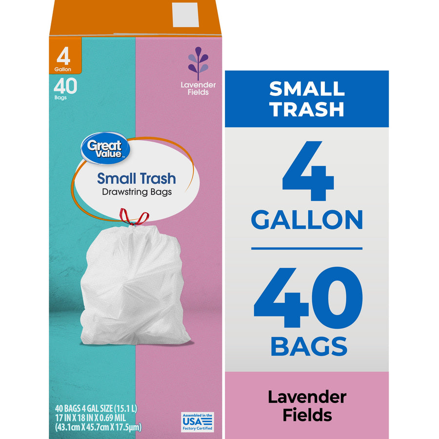 Great Value Small Trash drawstring bag box front with teal and pink background, white tied trash bag image and lavender fields label
