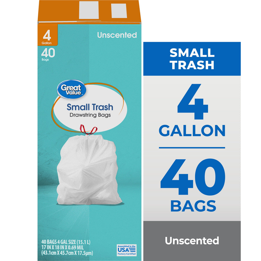 Great Value small trash bag package front with teal background, product name and bag image