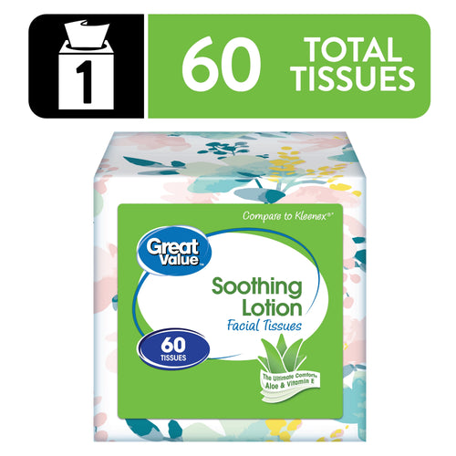 Great Value soothing lotion facial tissue cube with floral pack and 60 tissues label